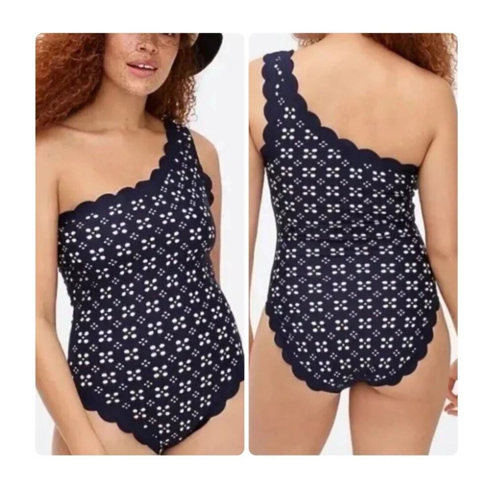 J. CREW SCALLOPED ONE SHOULDER 14 SWIMSUIT  EYELET NAVY BLUE RESORT CRUISE BEACH